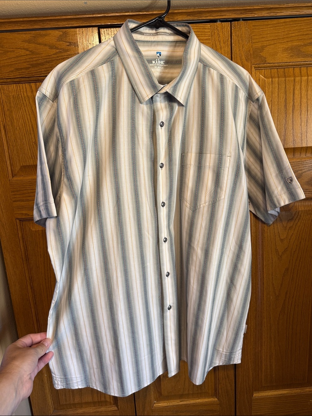Kuhl Men's Short Sleeve Button-Down Shirt - Cream, Blue, Olive, Tan Stripes-XL